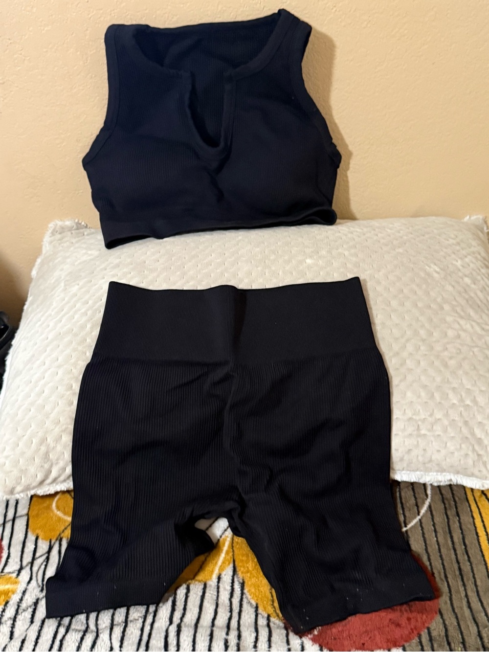 Black Ribbed Workout Set - Crop Tank and High-Waist Shorts